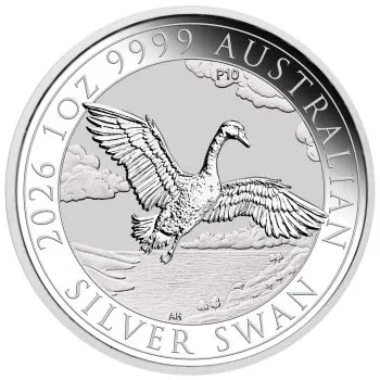 1 Unze Silbermünze Australien 2026 The Swan 10th Anniversary aus 999,9er Feinsilber, Motiv zeigt einen elegant dargestellten Schwan, Wertseite mit Porträt von König Charles III.