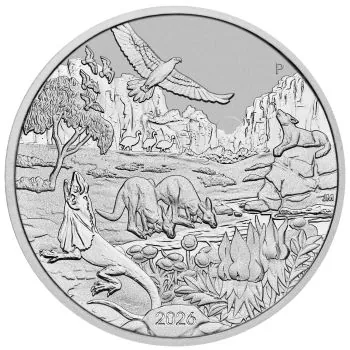 1 Unze Platinmünze Australien 2026 Wonders of Australia The Outback aus 999,5 Platin, Motiv zeigt australische Tierwelt in einer Outback-Landschaft, Wertseite mit Porträt von König Charles III.