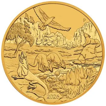 1 Unze Goldmünze Australien 2026 Wonders of Australia The Outback aus 999,9er Gold, Motiv zeigt australische Tierwelt im Outback, Wertseite mit Porträt von König Charles III.