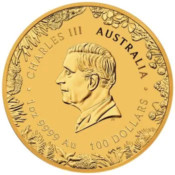 1 Unze Goldmünze Australien 2026 Wonders of Australia The Outback aus 999,9er Gold, Motiv zeigt australische Tierwelt im Outback, Wertseite mit Porträt von König Charles III.