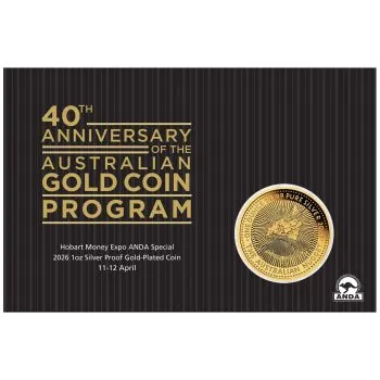 1 Unze Silbermünze Australien 2026 Kookaburra mit partieller Vergoldung im Blister, Privy Mark zur Perth Stamp and Coin Show, geprägt in 999,9er Feinsilber