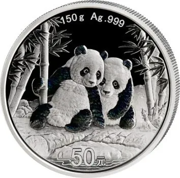 150 Gramm Silbermünze China 2026 Panda in Polierter Platte mit irisierender Farbveredelung, Sammlermünze in Box mit Zertifikat, detailreiches Panda-Motiv