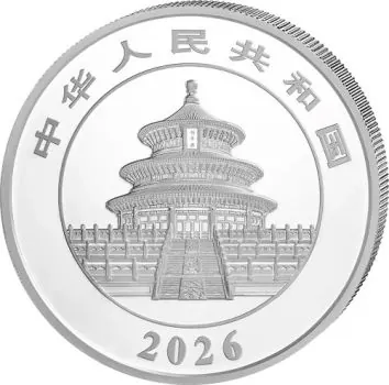 150 Gramm Silbermünze China 2026 Panda in Polierter Platte mit irisierender Farbveredelung, Sammlermünze in Box mit Zertifikat, detailreiches Panda-Motiv