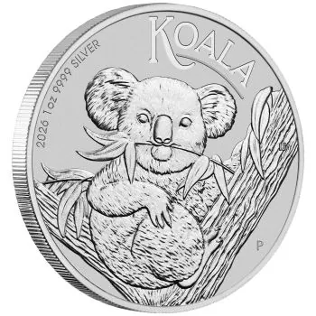 1 Unze Silbermünze Australien 2026 Koala aus 999,9er Feinsilber, Bullionausgabe der Perth Mint mit Koala-Motiv und Porträt von König Charles III.