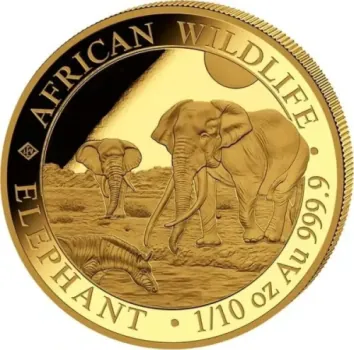 1/10 Unze Goldmünze Somalia 2026 Elefant aus 999,9 Feingold, Bullionmünze mit jährlich wechselndem Elefantenmotiv der African Wildlife Serie