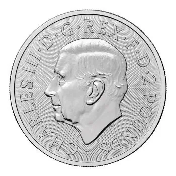 1 Unze Silbermünze Großbritannien 2026 mit dem Motiv Löwe und Adler, geprägt in 999er Feinsilber, Wertseite mit Porträt von König Charles III.