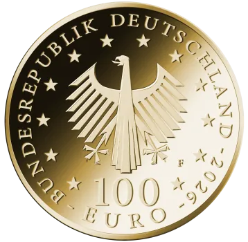 „Deutschland 100 Euro Gold Gedenkmünze 2025, Motiv: Aus dem Leben eines Taugenichts, dritte Ausgabe der Serie Meisterwerke der Deutschen Literatur, Vorderseite mit Bundesadler, Rückseite mit künstlerischer Darstellung aus dem Werk, Auflage 66.000 Stück, P