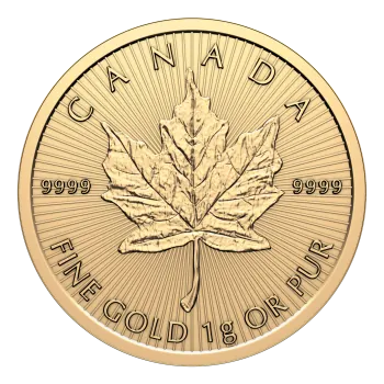 1 Gramm Goldmünze Kanada Maple Leaf Maplegram aus 999,9er Feingold mit dem berühmten Ahornblatt-Motiv der Royal Canadian Mint in Originalverpackung.