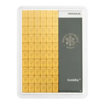100 x 1 Gramm CombiBar Goldtafel von Heraeus aus 999,9 Feingold im Originalblister. Die Goldtafel besteht aus 100 einzeln abtrennbaren 1-Gramm-Goldbarren mit LBMA-Zertifizierung.