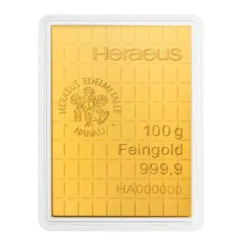 100 x 1 Gramm CombiBar Goldtafel von Heraeus aus 999,9 Feingold im Originalblister. Die Goldtafel besteht aus 100 einzeln abtrennbaren 1-Gramm-Goldbarren mit LBMA-Zertifizierung.