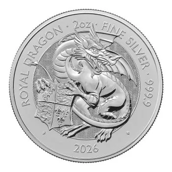„Silbermünze 2026 aus Großbritannien mit dem Motiv ‚The Queen’s Lion‘. Majestätischer Löwe in detailreicher Prägung, 2-Unzen-Format, glatter Rand, hochwertige Silberoberfläche.“