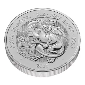 „Silbermünze 2026 aus Großbritannien mit dem Motiv ‚The Queen’s Lion‘. Majestätischer Löwe in detailreicher Prägung, 2-Unzen-Format, glatter Rand, hochwertige Silberoberfläche.“