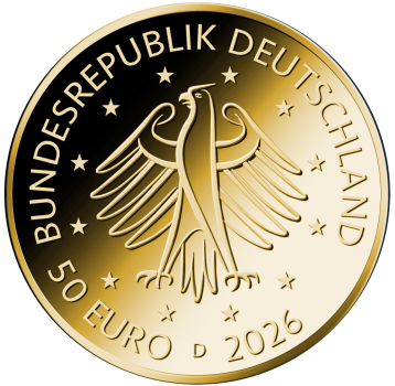 50 Euro Gold Gedenkmünze Deutschland 2026 aus 999,9 Feingold. Vierte Ausgabe der Serie ‚Deutsches Handwerk‘ mit dem Motiv ‚Gestaltung‘ im offiziellen Etui inklusive Echtheitszertifikat.