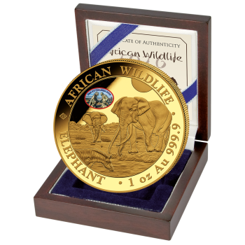 Unze Goldmünze Somalia 2026 Elefant mit Botanical Garden Privy Mark zur World Money Fair Berlin, geprägt in 999,9 Feingold, geliefert im Etui mit durchnummeriertem Zertifikat.