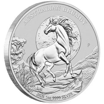 1 Unze Silbermünze Australien 2026 „Brumby“ der Perth Mint. Das Motiv zeigt ein australisches Wildpferd auf einer Felsformation vor einem Vollmond und einer felsigen Landschaft. 7. Ausgabe der Brumby-Serie.