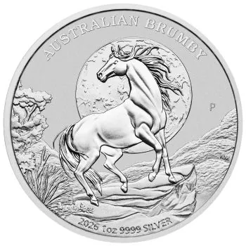 1 Unze Silbermünze Australien 2026 „Brumby“ der Perth Mint. Das Motiv zeigt ein australisches Wildpferd auf einer Felsformation vor einem Vollmond und einer felsigen Landschaft. 7. Ausgabe der Brumby-Serie.