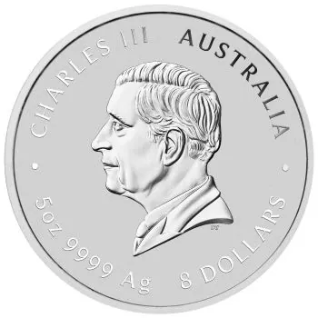 5 Unzen Silbermünze Australien 2027 „Ziege“ der Perth Mint. Das Motiv zeigt drei Ziegen in einer Landschaft mit einem Pflaumenblütenbaum.