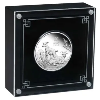 1 oz Silbermünze Australien 2027 „Jahr der Ziege“ der Perth Mint. 999,9 Feinsilber, Polierte Platte, Lunar Serie III, Auflage 5.000 Stück.