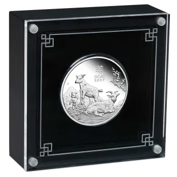 1 oz Silbermünze Australien 2027 „Jahr der Ziege“ der Perth Mint. 999,9 Feinsilber, Polierte Platte, Lunar Serie III, Auflage 5.000 Stück.