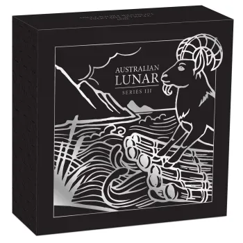 1 oz Silbermünze Australien 2027 „Jahr der Ziege“ der Perth Mint. 999,9 Feinsilber, Polierte Platte, Lunar Serie III, Auflage 5.000 Stück.