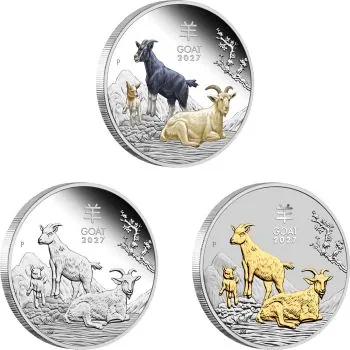Trio Set mit drei 1 Unze Silbermünzen Australien 2027 „Jahr der Ziege“ der Perth Mint aus der Lunar Serie III. Die drei Münzen zeigen jeweils drei Ziegen unter einem Pflaumenblütenbaum und sind unterschiedlich ausgeführt: Polierte Platte, farbige Gestaltu