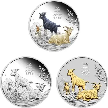 Trio Set mit drei 1 Unze Silbermünzen Australien 2027 „Jahr der Ziege“ der Perth Mint aus der Lunar Serie III. Die drei Münzen zeigen jeweils drei Ziegen unter einem Pflaumenblütenbaum und sind unterschiedlich ausgeführt: Polierte Platte, farbige Gestaltu