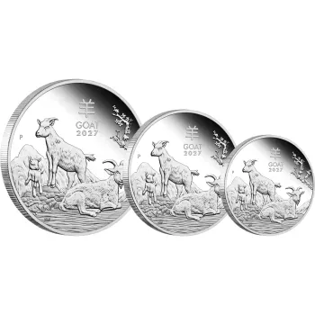 3er Silbermünzen Set Australien 2027 „Jahr der Ziege“ der Perth Mint aus der Lunar Serie III. Das Set enthält drei Silbermünzen in den Größen 2 Unzen, 1 Unze und 1/2 Unze mit dem Motiv einer ausgewachsenen Ziege, einer jungen Ziege und eines Zickleins unt
