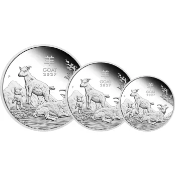 3er Silbermünzen Set Australien 2027 „Jahr der Ziege“ der Perth Mint aus der Lunar Serie III. Das Set enthält drei Silbermünzen in den Größen 2 Unzen, 1 Unze und 1/2 Unze mit dem Motiv einer ausgewachsenen Ziege, einer jungen Ziege und eines Zickleins unt