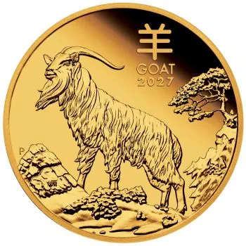 1/10 Unze Goldmünze Australien 2027 „Jahr der Ziege“ der Perth Mint aus der Lunar Serie III in Polierter Platte. Das Motiv zeigt eine Ziege auf einer felsigen Berglandschaft mit einem einzelnen Baum im Hintergrund.