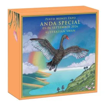 1 Unze Silbermünze Australien 2026 „Australian Silver Swan“ der Perth Mint in farbiger Ausführung. Das Motiv zeigt einen schwarzen Schwan im Flug über einem See und einer Landschaft mit Regenbogen und Wolken.