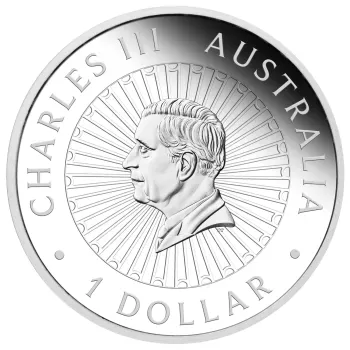 1 Unze Silbermünze Australien 2026 „Great Southern Land – Nocturnal“ der Perth Mint in Polierter Platte. Die Rückseite zeigt eine natürliche, landkartenförmige Matrix-Opal-Einlage von Australien, umgeben von nachtaktiven australischen Tieren, Pflanzen, ei