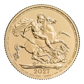Goldmünze Großbritannien 2026 mit St.-George-und-Drache-Motiv auf der Vorderseite. Rückseite zeigt König Charles III. mit Latentbild und Halbton-Effekt im Randbereich. Mikrogravur am Münzrand der Vorderseite.