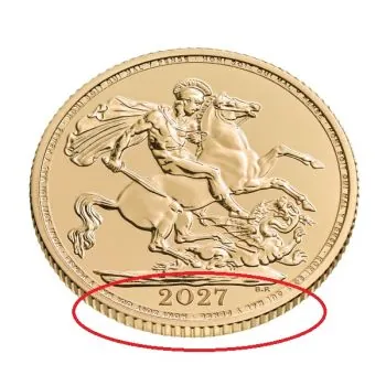 Goldmünze Großbritannien 2026 mit St.-George-und-Drache-Motiv auf der Vorderseite. Rückseite zeigt König Charles III. mit Latentbild und Halbton-Effekt im Randbereich. Mikrogravur am Münzrand der Vorderseite.