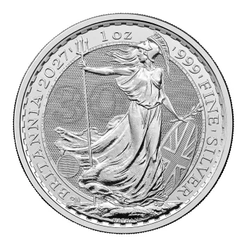 Britannische 1 Unze Silber Britannia des Jahres 2027. Die Motivseite zeigt Britannia mit Helm, Schild, Olivenzweig und Dreizack. Die Jubiläumsausgabe trägt das „30“ Wave Privy Mark und eine strukturierte Hintergrundgestaltung.