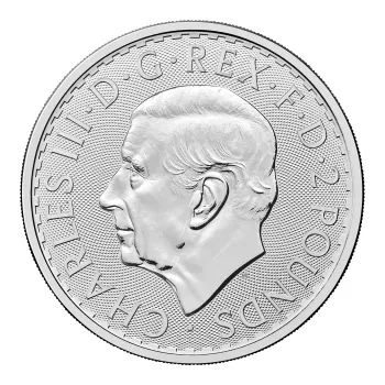Britannische 1 Unze Silber Britannia des Jahres 2027. Die Motivseite zeigt Britannia mit Helm, Schild, Olivenzweig und Dreizack. Die Jubiläumsausgabe trägt das „30“ Wave Privy Mark und eine strukturierte Hintergrundgestaltung.