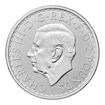 Britannische 1 Unze Silber Britannia des Jahres 2027. Die Motivseite zeigt Britannia mit Helm, Schild, Olivenzweig und Dreizack. Die Jubiläumsausgabe trägt das „30“ Wave Privy Mark und eine strukturierte Hintergrundgestaltung.