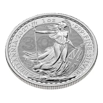 Britannische 1 Unze Silber Britannia des Jahres 2027. Die Motivseite zeigt Britannia mit Helm, Schild, Olivenzweig und Dreizack. Die Jubiläumsausgabe trägt das „30“ Wave Privy Mark und eine strukturierte Hintergrundgestaltung.