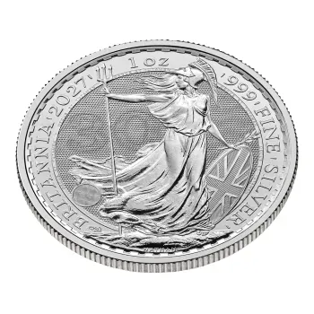 Britannische 1 Unze Silber Britannia des Jahres 2027. Die Motivseite zeigt Britannia mit Helm, Schild, Olivenzweig und Dreizack. Die Jubiläumsausgabe trägt das „30“ Wave Privy Mark und eine strukturierte Hintergrundgestaltung.
