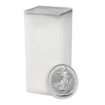Britannische 1 Unze Silber Britannia des Jahres 2027. Die Motivseite zeigt Britannia mit Helm, Schild, Olivenzweig und Dreizack. Die Jubiläumsausgabe trägt das „30“ Wave Privy Mark und eine strukturierte Hintergrundgestaltung.