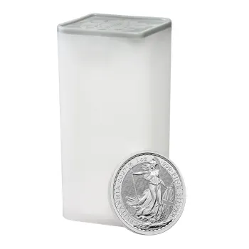 Britannische 1 Unze Silber Britannia des Jahres 2027. Die Motivseite zeigt Britannia mit Helm, Schild, Olivenzweig und Dreizack. Die Jubiläumsausgabe trägt das „30“ Wave Privy Mark und eine strukturierte Hintergrundgestaltung.