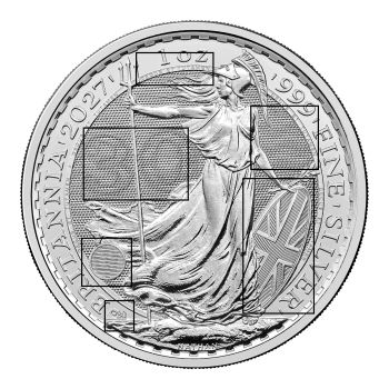 Britannische 1 Unze Silber Britannia des Jahres 2027. Die Motivseite zeigt Britannia mit Helm, Schild, Olivenzweig und Dreizack. Die Jubiläumsausgabe trägt das „30“ Wave Privy Mark und eine strukturierte Hintergrundgestaltung.