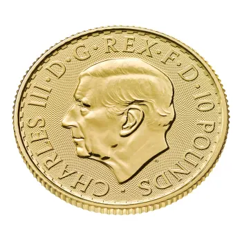 Britannische 1/10 Unze Gold Britannia des Jahres 2027. Die Motivseite zeigt Britannia mit Helm, Schild, Olivenzweig und Dreizack. Die Jubiläumsausgabe trägt das „40“ Wave Privy Mark und eine strukturierte Hintergrundgestaltung.