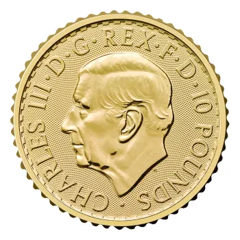 Britannische 1/10 Unze Gold Britannia des Jahres 2027. Die Motivseite zeigt Britannia mit Helm, Schild, Olivenzweig und Dreizack. Die Jubiläumsausgabe trägt das „40“ Wave Privy Mark und eine strukturierte Hintergrundgestaltung.