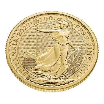 Britannische 1/10 Unze Gold Britannia des Jahres 2027. Die Motivseite zeigt Britannia mit Helm, Schild, Olivenzweig und Dreizack. Die Jubiläumsausgabe trägt das „40“ Wave Privy Mark und eine strukturierte Hintergrundgestaltung.