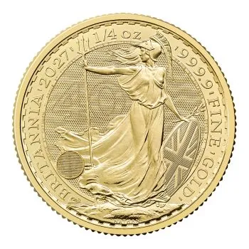 Britannische 1/4 Unze Gold Britannia des Jahres 2027. Die Motivseite zeigt Britannia mit Helm, Schild, Olivenzweig und Dreizack sowie das für 2027 vorgesehene „40“ Wave Privy Mark.