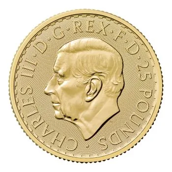 Britannische 1/4 Unze Gold Britannia des Jahres 2027. Die Motivseite zeigt Britannia mit Helm, Schild, Olivenzweig und Dreizack sowie das für 2027 vorgesehene „40“ Wave Privy Mark.