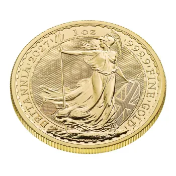 Britannische 1 Unze Gold Britannia des Jahres 2027. Die Motivseite zeigt Britannia mit Helm, Schild, Olivenzweig und Dreizack. Die Jubiläumsausgabe trägt das „40“ Wave Privy Mark und eine strukturierte Hintergrundgestaltung.