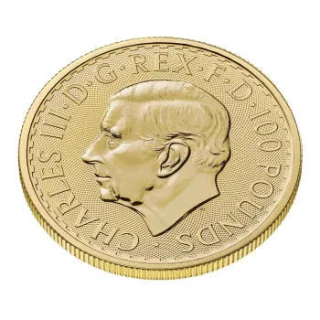 Britannische 1 Unze Gold Britannia des Jahres 2027. Die Motivseite zeigt Britannia mit Helm, Schild, Olivenzweig und Dreizack. Die Jubiläumsausgabe trägt das „40“ Wave Privy Mark und eine strukturierte Hintergrundgestaltung.