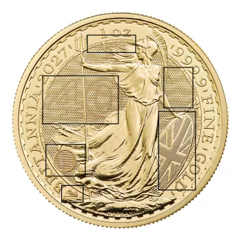Britannische 1 Unze Gold Britannia des Jahres 2027. Die Motivseite zeigt Britannia mit Helm, Schild, Olivenzweig und Dreizack. Die Jubiläumsausgabe trägt das „40“ Wave Privy Mark und eine strukturierte Hintergrundgestaltung.