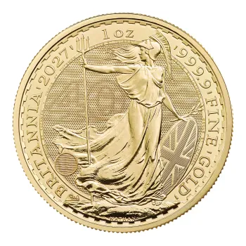 Britannische 1 Unze Gold Britannia des Jahres 2027. Die Motivseite zeigt Britannia mit Helm, Schild, Olivenzweig und Dreizack. Die Jubiläumsausgabe trägt das „40“ Wave Privy Mark und eine strukturierte Hintergrundgestaltung.